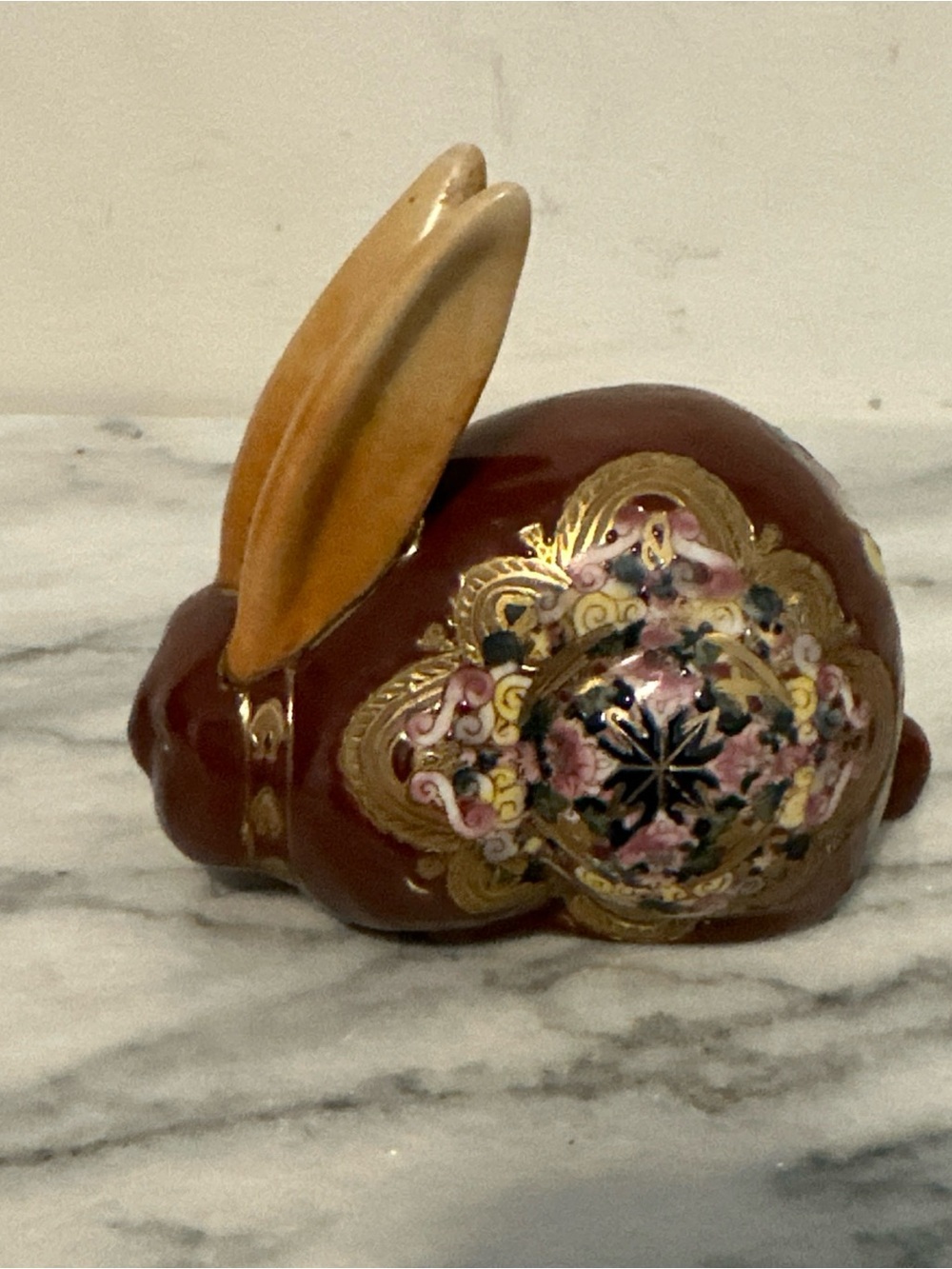 Hand-Painted Ceramic Rabbit Figurine in Maroon and Gold Accents